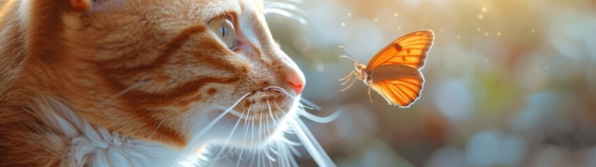 A ginger cat watches a butterfly.
Concept: veterinary clinics, pets and the psychological impact of animals on humans - obrazy, fototapety, plakaty