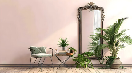 Vintage Mirror with Wooden Accents Creating a Charming Reading Corner in a Modern Home - obrazy, fototapety, plakaty