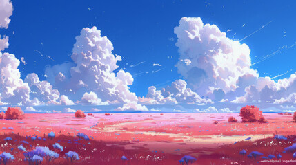 Fototapeta premium Serene Digital Landscape: Blue Sky, Fluffy Clouds, and Pink Field