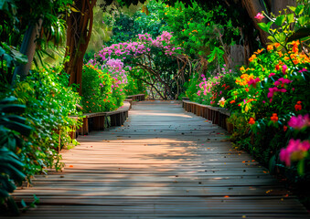 Wooden boardwalk, lush greenery, adorned with colorful flowers