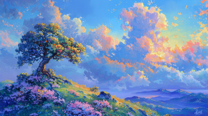 Fototapeta na wymiar Vibrant Sunset Sky Over Blossoming Hillside Landscape Painting