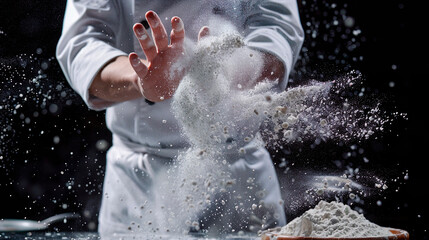 Pastry chef prepares yeast dough with white flour