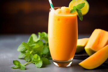Fototapeta premium A Creamy Cantaloupe Smoothie Garnished with Fresh Mint and Cantaloupe Slice on a Beautiful Sunny Day