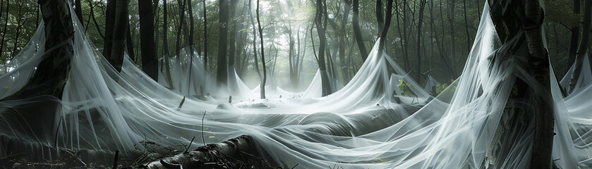 Optic white mist nets in a forest, harvesting water, dawn mist, ethereal