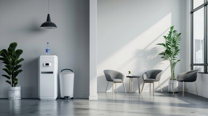a cooler with water in a bright wite and grey style minimalistic office - obrazy, fototapety, plakaty