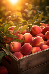 Nectarines harvested in a wooden box with orchard and sunset in the background. Natural organic fruit abundance. Agriculture, healthy and natural food concept. Vertical composition.