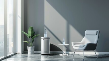 Sleek and modern water cooler in a minimalist office setting with white and grey decor. - obrazy, fototapety, plakaty