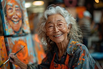 Fototapeta premium Elderly woman smiling while painting on canvas