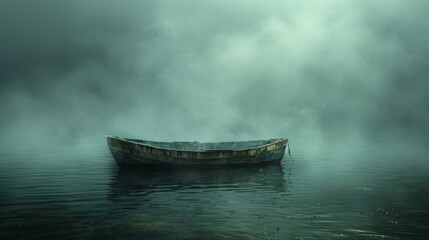   A boat bobbing on a watery expanse, amidst a hazy sky, with another vessel anchored in the center - obrazy, fototapety, plakaty