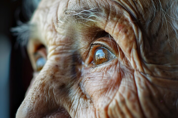 Close-up of an elderly woman's face. Strictly human skin with wrinkles macro photography