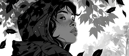 A monochrome drawing of a woman in a hood with black hair, surrounded by leaves. The artistic gesture captures the beauty of nature in this visual arts event