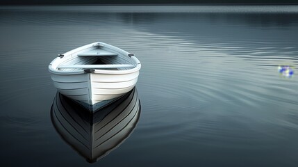   A tiny white vessel bobbing atop a lake's placid surface beside a mid-watercraft