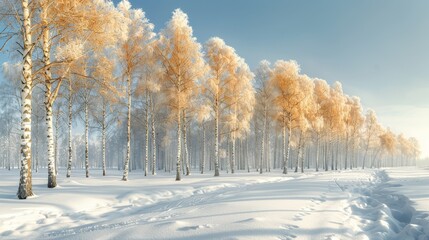   A group of trees in snow with a trail in the foreground and a blue sky in the background