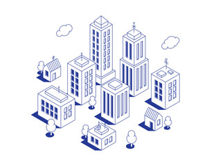 Set of isometric buildings in contour style for map or scene creation. Multistory tall buildings, and private houses. Modern collection in cartoon monochrome style. 3d outline vector illustration