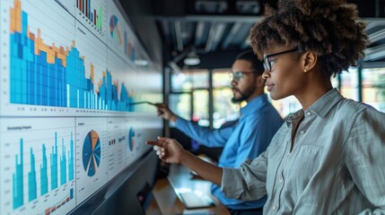 A team of data analysts financial risks, thinking over bank strategy working in office feeling doubt or concern. Focused Analyst Reviewing Data on a large interactive display. Generative AI