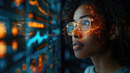 Woman with glasses intensely analyzing financial risks digital data visualization holographic, thinking over bank strategy working in office. Focused Analyst Reviewing Data on Multiple Screens - obrazy, fototapety, plakaty