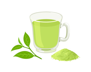 Green tea matcha in glass cup. Vector cartoon flat illustration of green tea leaf, powder and drink.