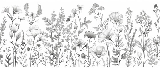 An illustration of a botanical plant in a meadow. Black line drawings of flower objects. Herbal and botanical plants isolated on a white background.