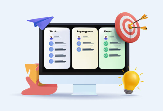 Project management, strategy and organization 3D concept. Office desk with laptop and kanban board with tasks and sticker notes on screen. 3D Vector illustration