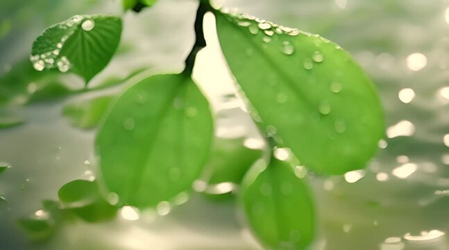 fresh green leaves with water drops over the water , relaxation with water ripple drops concept , slow motion