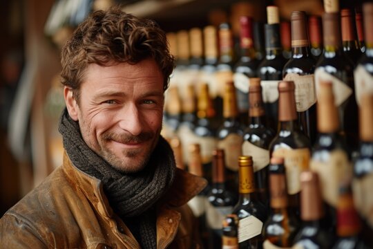 Man examining wall of wine bottles