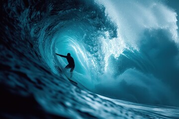 Man riding wave on surfboard - obrazy, fototapety, plakaty