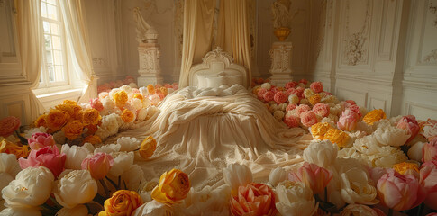   A statue in a flower-filled room with an array of blossoms surrounding it