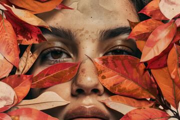 Autumn Beauty: Woman's Face Partially Covered by Colorful Fall Leaves