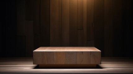 Emoty wooden podium on moden brown wooden room with wam spotlight for product display - obrazy, fototapety, plakaty