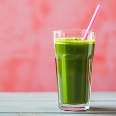 A tall glass of green smoothie.
Concept: detoxification and nutrition, brochure for fitness clubs and spa centers, food and drinks.
