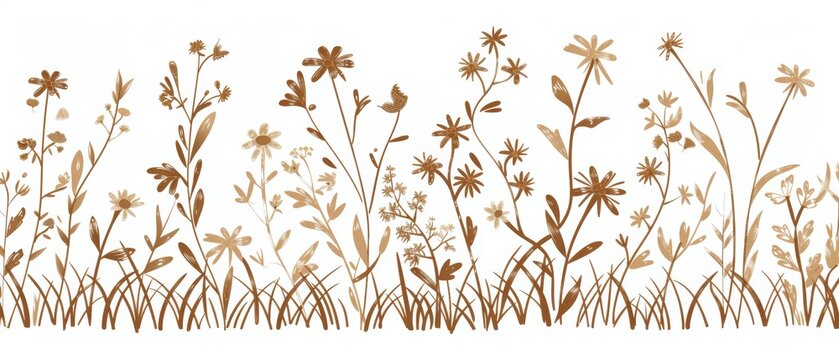Icon set of floral decorative illustration modern. Hand drawn brown line meadow of flower object. Herbal and botanical plants isolated on white.