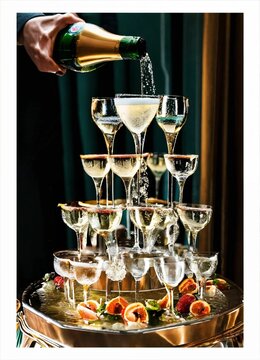 A champagne fountain at a wedding with several glasses of champagne, realistic pictures