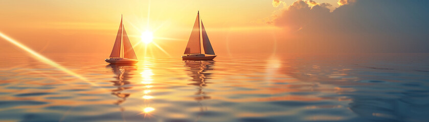 Optic white sails on boats collecting rainwater, sunset glow, tranquil sea background