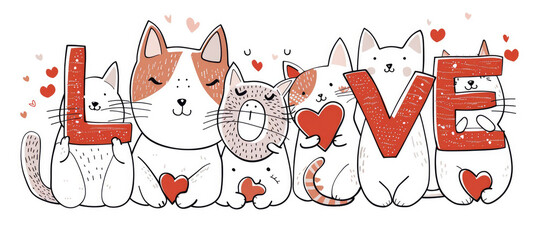 cute cats holding the word "LOVE" in red and white, vector line drawing, clip art for stickers, white background
