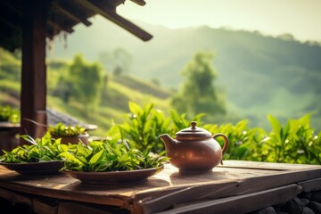A traditional teapot and a cup of steaming oolong tea on a rustic table set against a peaceful outdoor backdrop