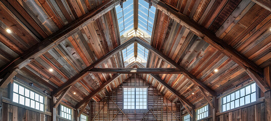 The barn's wooden ceiling has a skylight that lets in natural light.