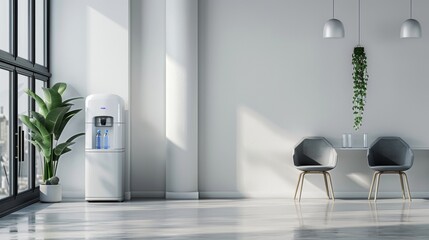 Modern minimalist office interior with water cooler and dispenser in white and grey theme - obrazy, fototapety, plakaty