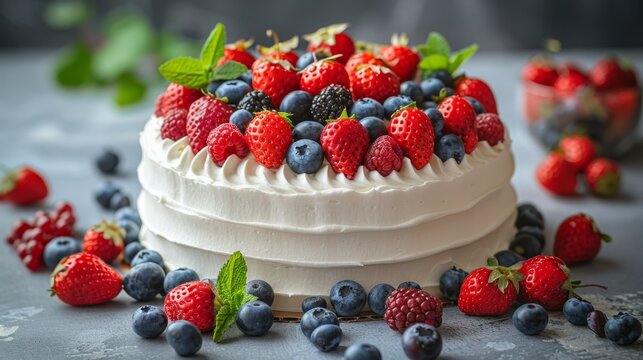   A high-resolution image of a cake with berries and mint sprigs, showcasing its texture and detail