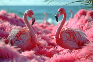 Two pink flamingos among pink feathers