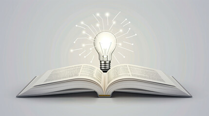 Bright Idea Concept with Light Bulb over Open Book on Teal Background