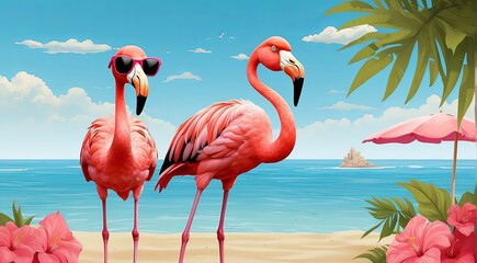 Summer background, pink Flamingos in Sunglasses on the beach
