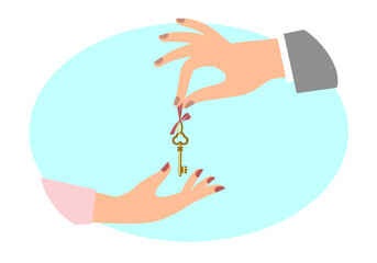 Key to the Heart.  A man's hand holds out the key to his heart to a woman's hand in an oval blue frame. Drawing in a flat style. Vector illustration