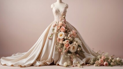 Wedding dress in flowers on a neutral pastel background