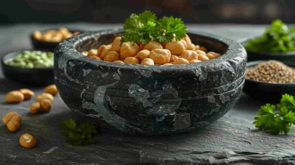   A close-up of a bowl of food on a table with surrounding bowls and garnishes