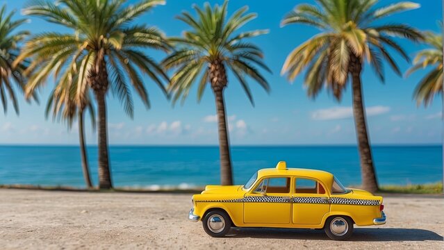Yellow taxi Car under Palm Trees on the beach