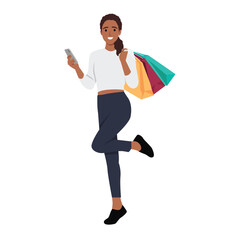 Young happy woman holds colourful shopping packages standing. Flat vector illustration isolated on white background