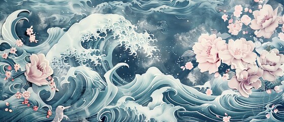 Background with Japanese style hand drawn ocean wave template. Art landscape banner design decorated with crane birds and peony flowers.