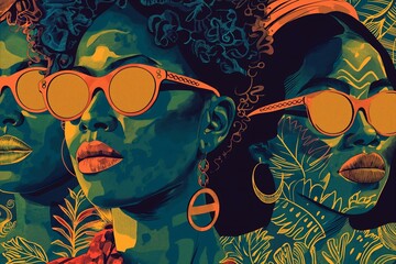 Obraz premium Colorful Riso Print of Women With Sunglasses and Peace Sign