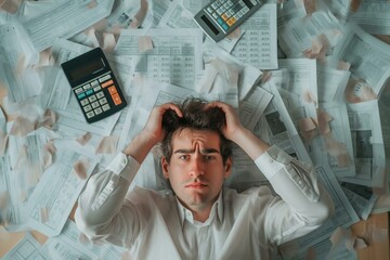 Stressed Businessman Drowning in Sea of Paperwork, tax day, - obrazy, fototapety, plakaty