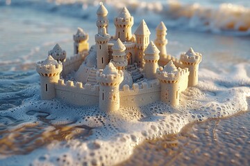 Sandcastles dotting the shoreline, temporary monuments to creativity ,high resulution,clean sharp focus